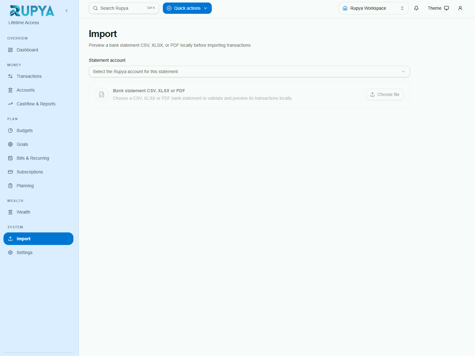 Current Rupya Import screen for CSV, XLSX, or PDF bank statements