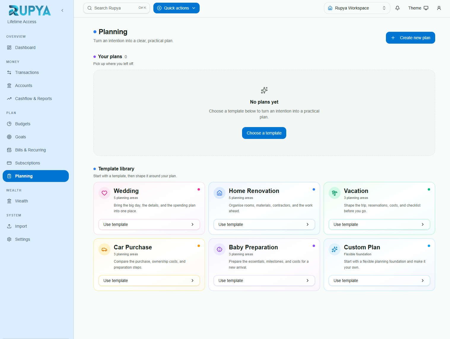 Current Rupya Planning screen with five life planning templates and a separate Custom Plan