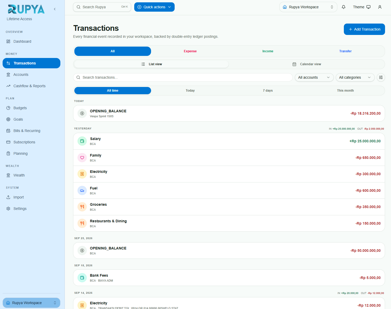Current Rupya Transactions screen with filters and a detailed transaction list